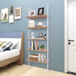 image-5-Shelf Wood Ladder Bookcase with Metal Frame, Industrial 5-Tier Modern Ladder Shelf Wood Shelves,Walnut