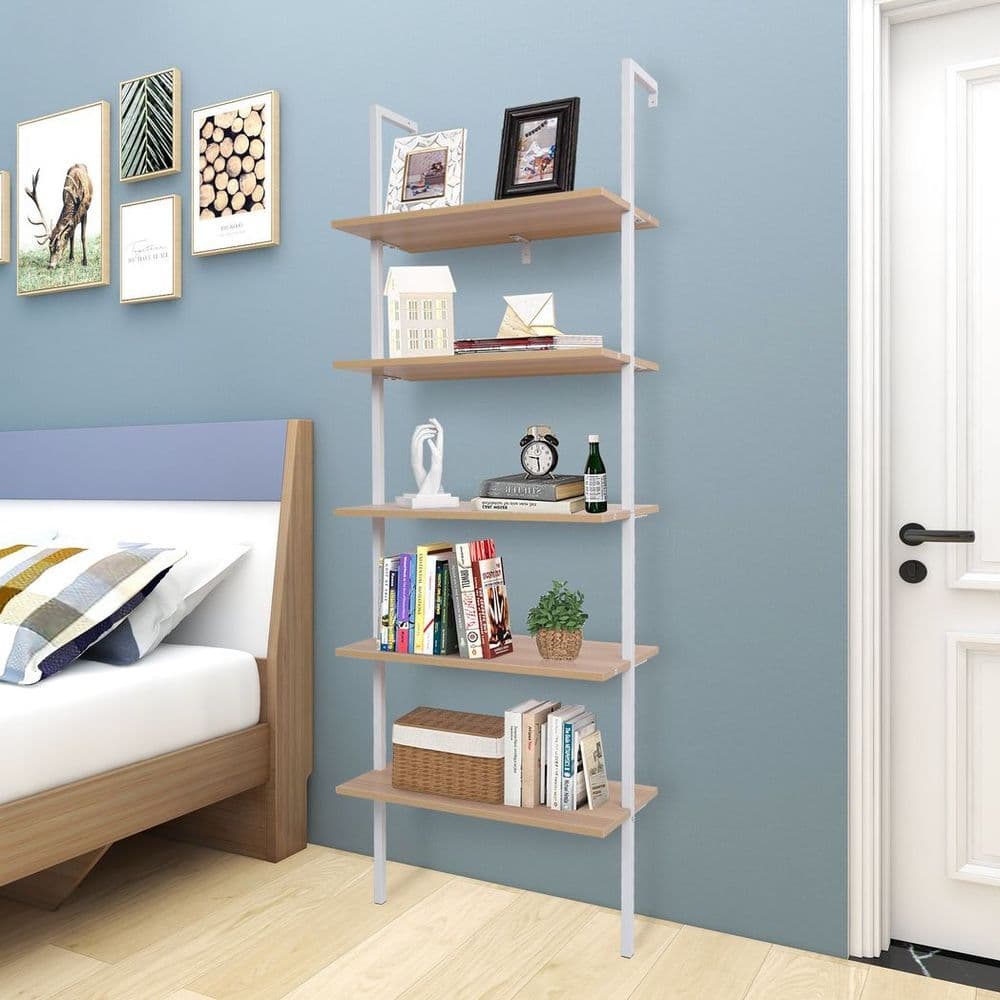 image-5-Shelf Wood Ladder Bookcase with Metal Frame, Industrial 5-Tier Modern Ladder Shelf Wood Shelves,Walnut