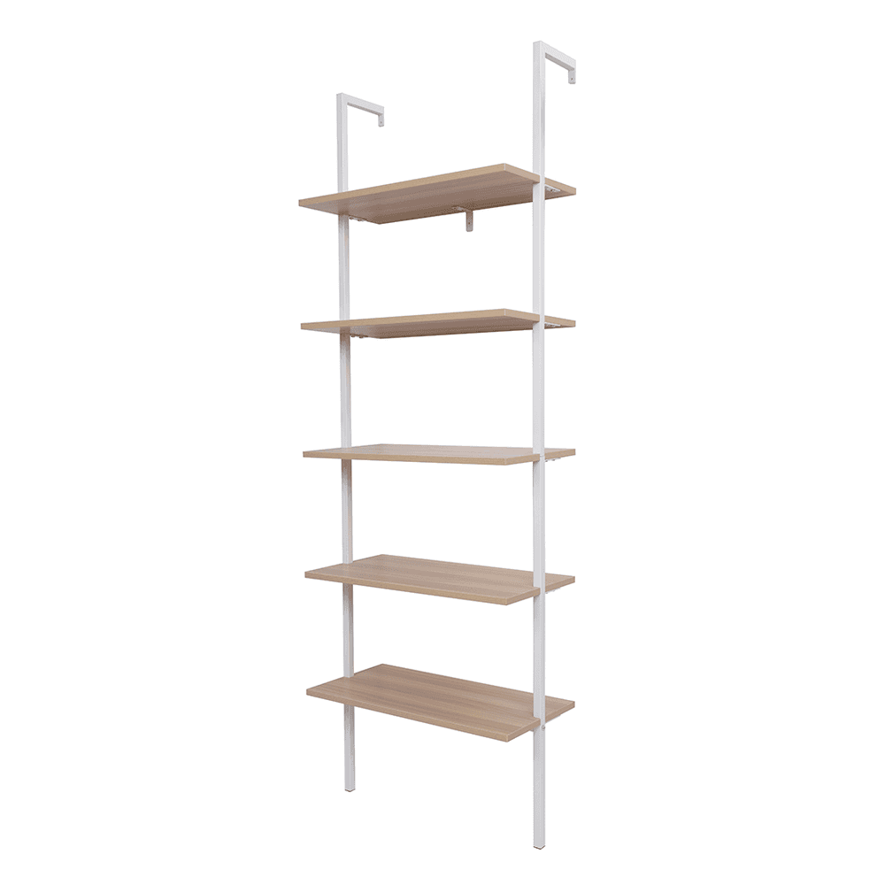 image-5-Shelf Wood Ladder Bookcase with Metal Frame, Industrial 5-Tier Modern Ladder Shelf Wood Shelves,Walnut