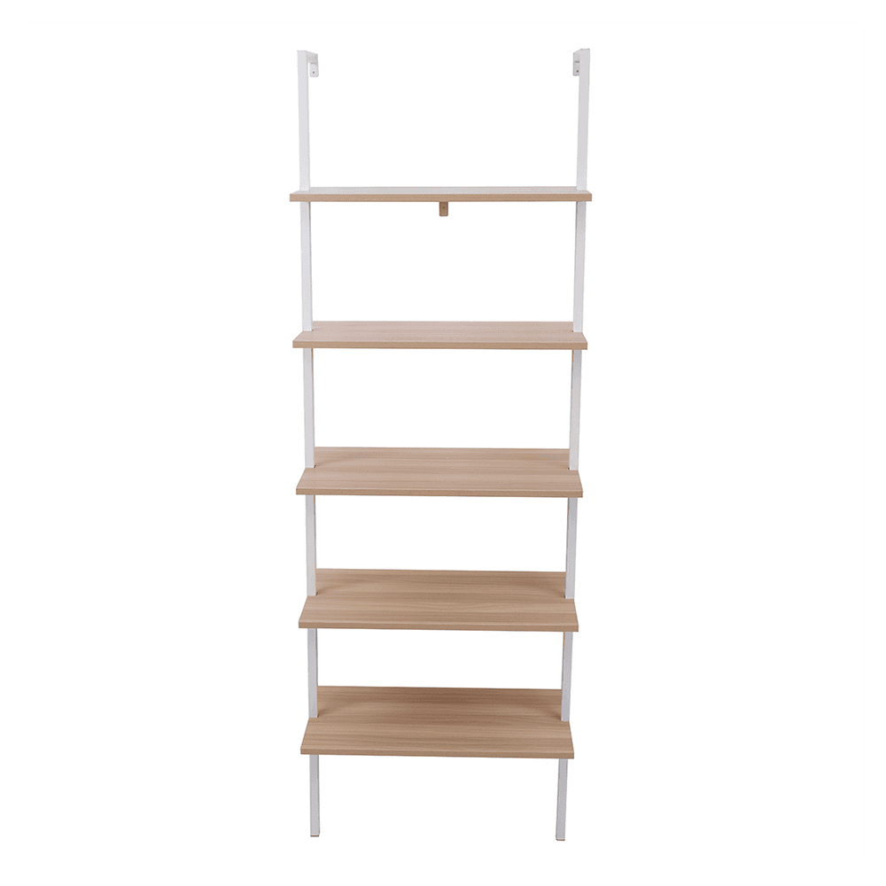 image-5-Shelf Wood Ladder Bookcase with Metal Frame, Industrial 5-Tier Modern Ladder Shelf Wood Shelves,Walnut