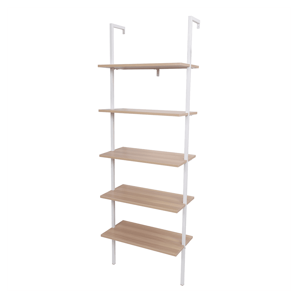 image-5-Shelf Wood Ladder Bookcase with Metal Frame, Industrial 5-Tier Modern Ladder Shelf Wood Shelves,Walnut