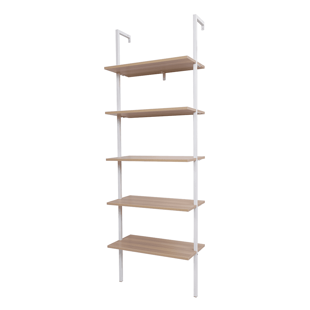 image-5-Shelf Wood Ladder Bookcase with Metal Frame, Industrial 5-Tier Modern Ladder Shelf Wood Shelves,Walnut