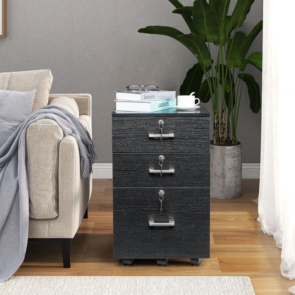 image-FCH Black Wood Grain Density Board Three Drawers Wooden Filing Cabinet