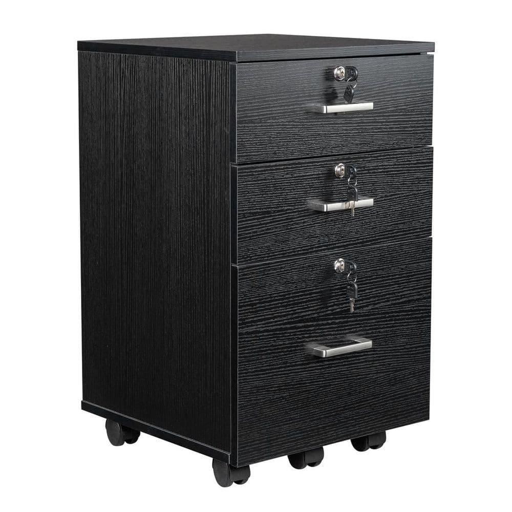 image-FCH Black Wood Grain Density Board Three Drawers Wooden Filing Cabinet