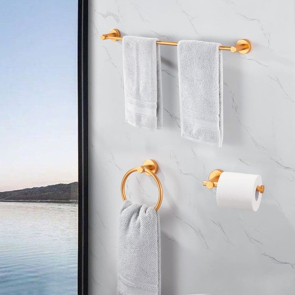 image-Bathroom Hardware Set, Thicken Space Aluminum 3 PCS Towel bar Set- Golden Gold 16-27 Inches Adjustable Bathroom Accessories Set