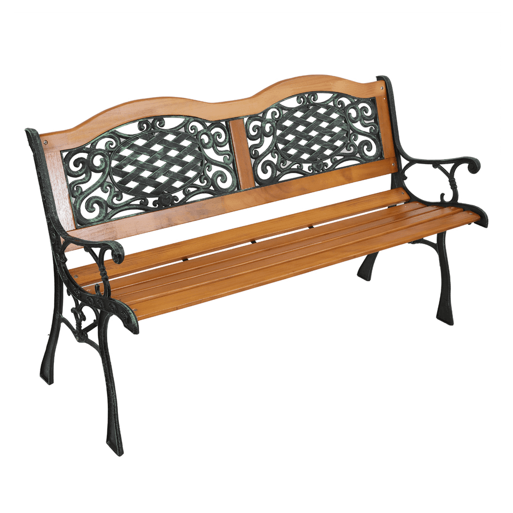 image-49" Garden Bench Outdoor Patio Park Chair Furniture Hardwood Slats Cast Iron Frame