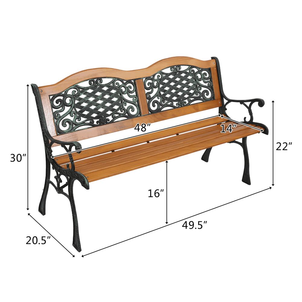 image-49" Garden Bench Outdoor Patio Park Chair Furniture Hardwood Slats Cast Iron Frame