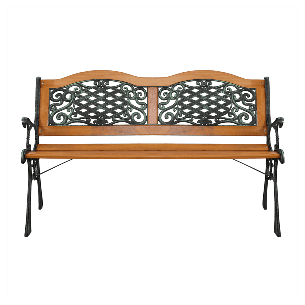 image-49" Garden Bench Outdoor Patio Park Chair Furniture Hardwood Slats Cast Iron Frame