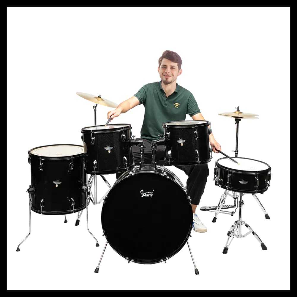 image-Glarry Full Size Adult Drum Set 5-Piece Black with Bass Drum, two Tom Drum, Snare Drum, Floor Tom, 16" Ride Cymbal, 14" Hi-hat Cymbals, Stool, Drum Pedal, Sticks