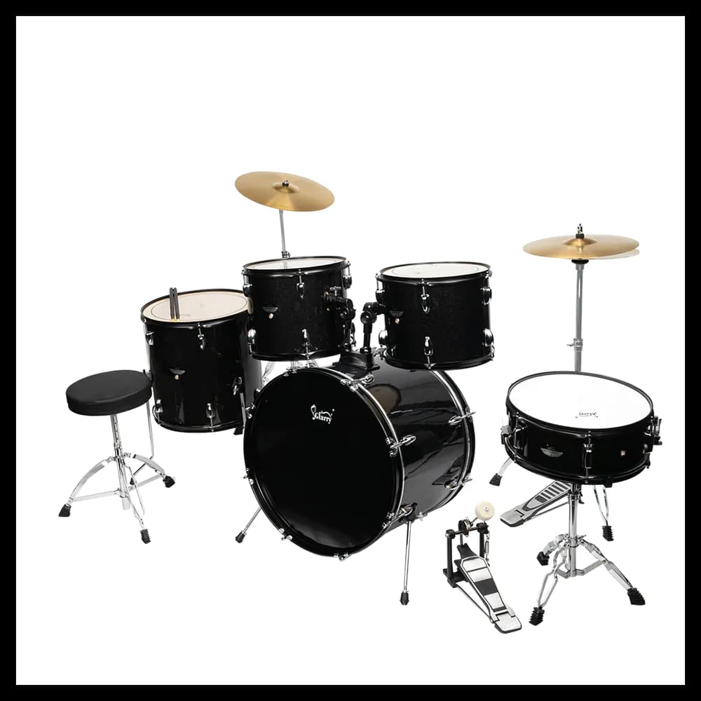 image-Glarry Full Size Adult Drum Set 5-Piece Black with Bass Drum, two Tom Drum, Snare Drum, Floor Tom, 16" Ride Cymbal, 14" Hi-hat Cymbals, Stool, Drum Pedal, Sticks