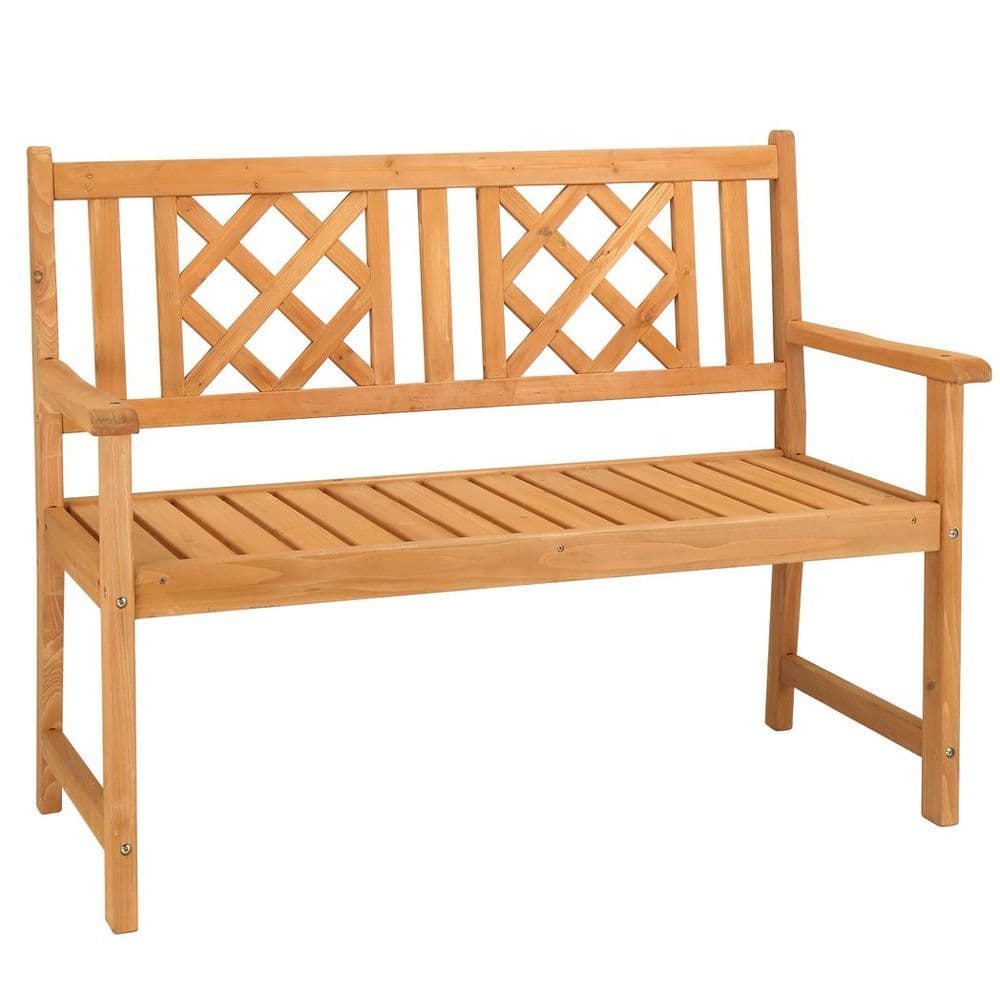 image-118*56.5*90cm Outdoor Garden Fir Grid Back Wooden Bench Burlywood