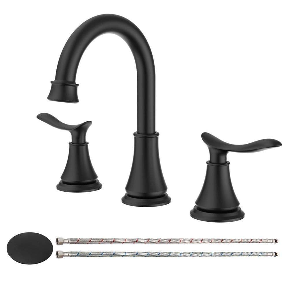 image-2-Handle 8 inch Widespread Bathroom Sink Faucet Matt Black Lavatory Faucet 3 Hole 360° Swivel Spout Vanity Sink Basin Faucets 3007B-MB