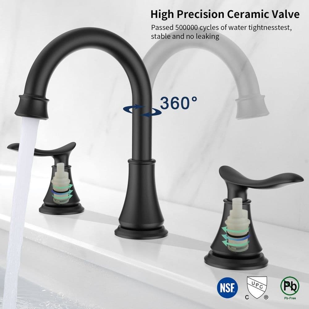 image-2-Handle 8 inch Widespread Bathroom Sink Faucet Matt Black Lavatory Faucet 3 Hole 360° Swivel Spout Vanity Sink Basin Faucets 3007B-MB