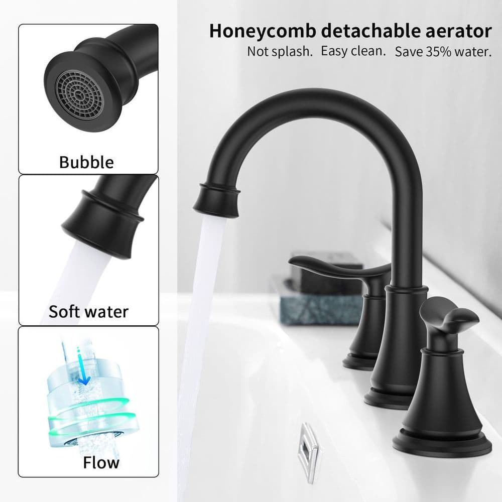 image-2-Handle 8 inch Widespread Bathroom Sink Faucet Matt Black Lavatory Faucet 3 Hole 360° Swivel Spout Vanity Sink Basin Faucets 3007B-MB