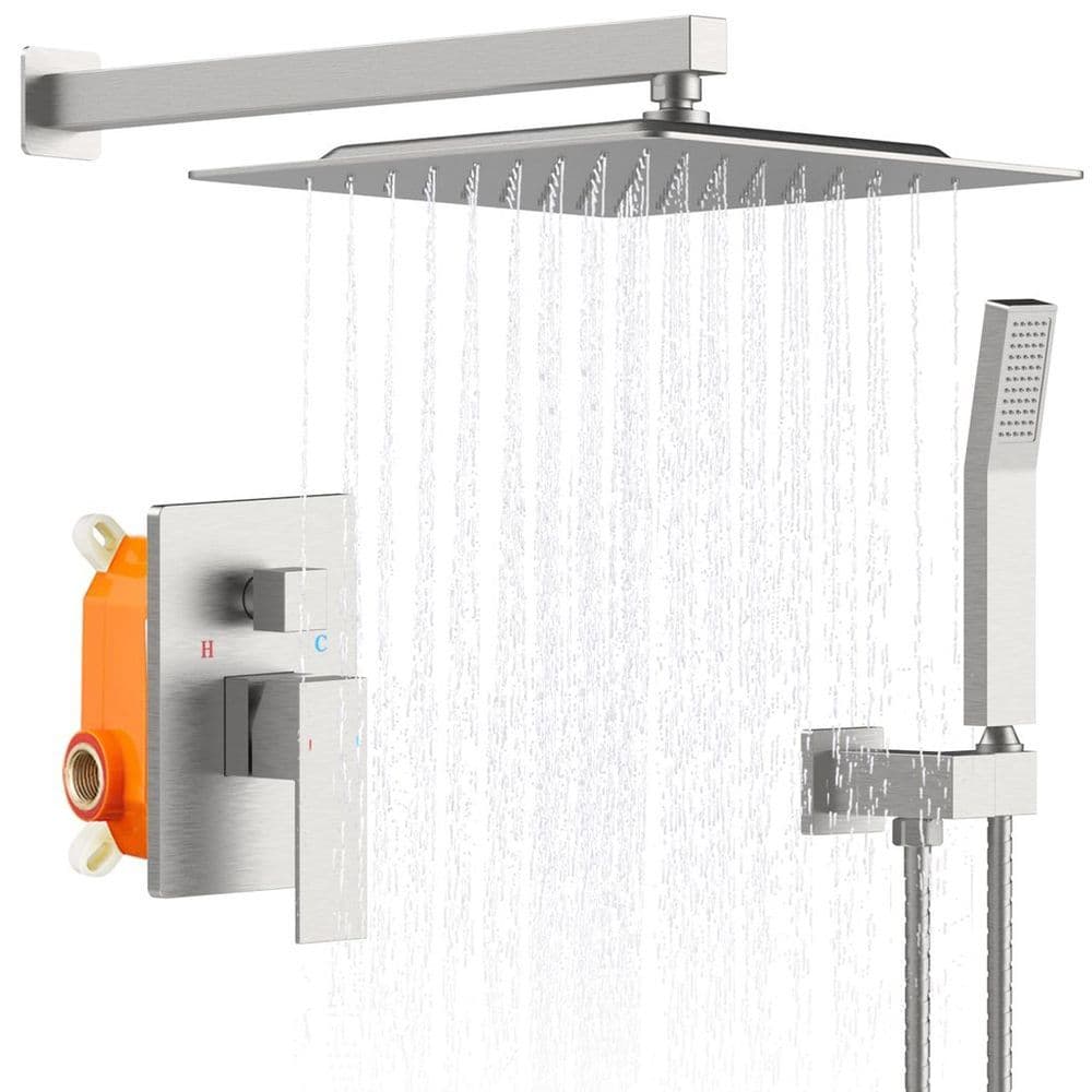 image-Shower System Shower Faucet Combo Set Wall Mounted with 12" Rainfall Shower Head and handheld shower faucet, Brushed Nickel Finish with