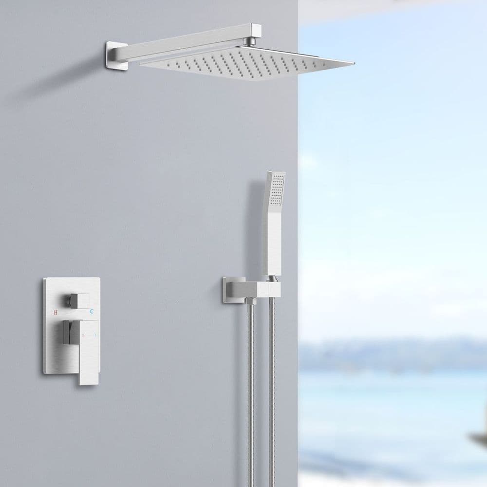 image-Shower System Shower Faucet Combo Set Wall Mounted with 12" Rainfall Shower Head and handheld shower faucet, Brushed Nickel Finish with