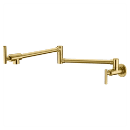 image-Gold Pot Filler Faucet Wall Mount Kitchen Folding Faucet with Double Joint Swing Arms, Two Handle Design