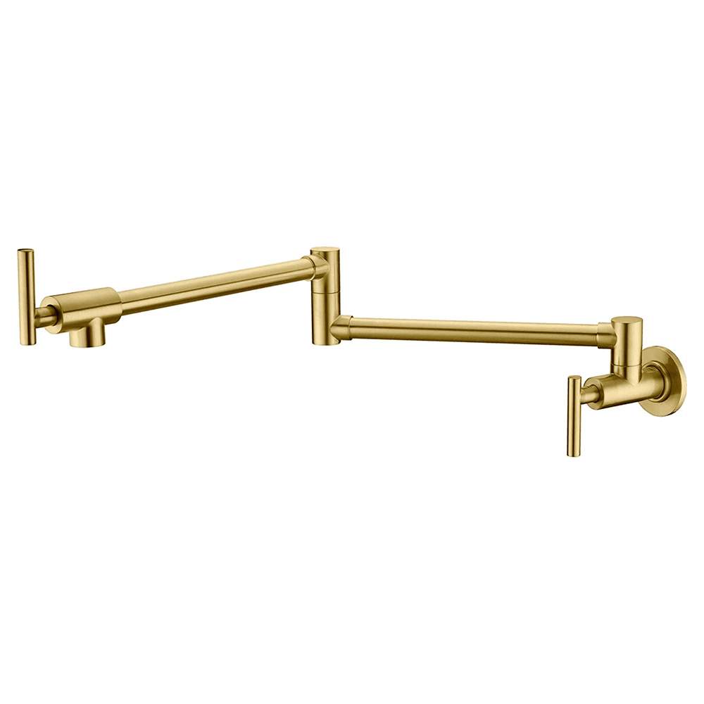 image-Gold Pot Filler Faucet Wall Mount Kitchen Folding Faucet with Double Joint Swing Arms, Two Handle Design