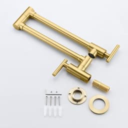 image-Gold Pot Filler Faucet Wall Mount Kitchen Folding Faucet with Double Joint Swing Arms, Two Handle Design