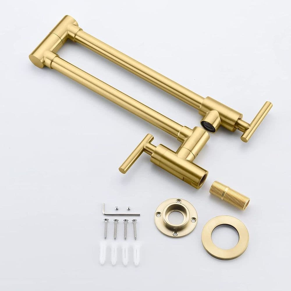 image-Gold Pot Filler Faucet Wall Mount Kitchen Folding Faucet with Double Joint Swing Arms, Two Handle Design