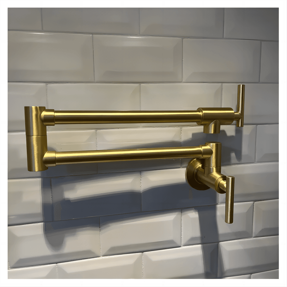 image-Gold Pot Filler Faucet Wall Mount Kitchen Folding Faucet with Double Joint Swing Arms, Two Handle Design