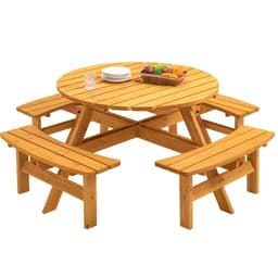 image-8-Person Outdoor Circular Wooden Picnic Table with 3 Built-in Benches for Patio Backyard Garden, Natural