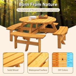 image-8-Person Outdoor Circular Wooden Picnic Table with 3 Built-in Benches for Patio Backyard Garden, Natural
