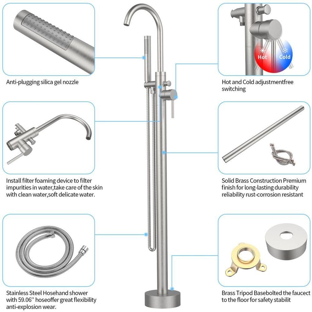 image-Freestanding Bathtub Faucet Tub Floor Mount Bathroom Faucets Brass Single Handle with Hand Shower High Flow Rate Max 6 GPM