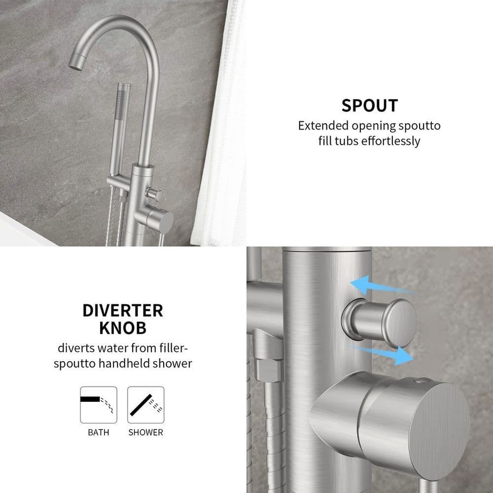 image-Freestanding Bathtub Faucet Tub Floor Mount Bathroom Faucets Brass Single Handle with Hand Shower High Flow Rate Max 6 GPM
