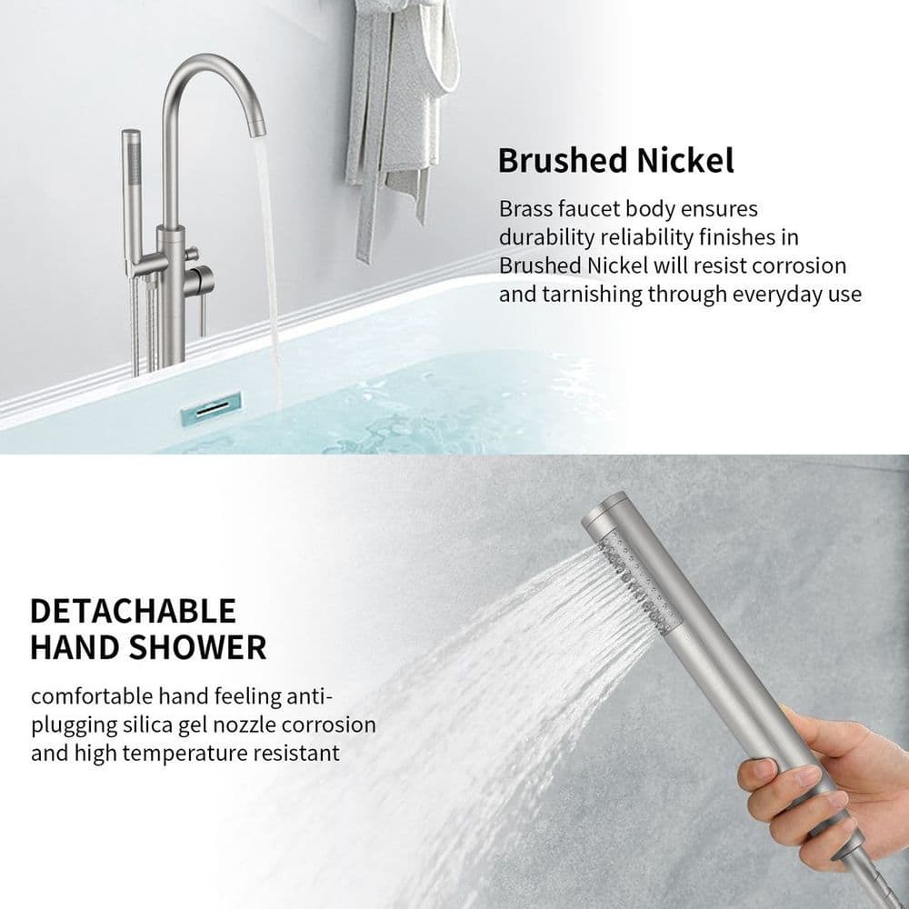 image-Freestanding Bathtub Faucet Tub Floor Mount Bathroom Faucets Brass Single Handle with Hand Shower High Flow Rate Max 6 GPM