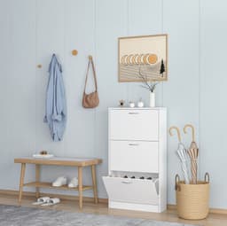 image-Shoe Cabinet for Entryway, White Narrow Shoe Storage Cabinet Flip Down Shoe Rack Wood 3 Tier Shoe Organizer for Home and Apartment