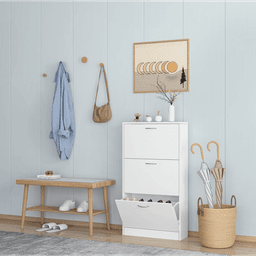 image-Shoe Cabinet for Entryway, White Narrow Shoe Storage Cabinet Flip Down Shoe Rack Wood 3 Tier Shoe Organizer for Home and Apartment