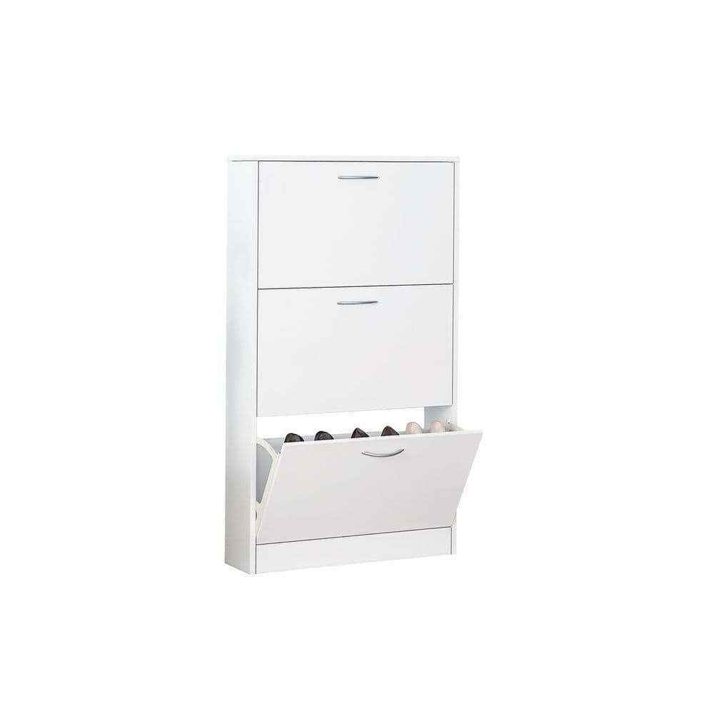 image-Shoe Cabinet for Entryway, White Narrow Shoe Storage Cabinet Flip Down Shoe Rack Wood 3 Tier Shoe Organizer for Home and Apartment