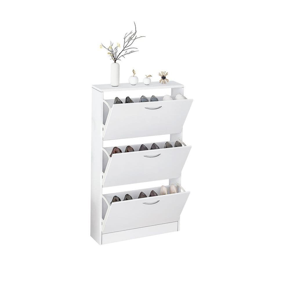 image-Shoe Cabinet for Entryway, White Narrow Shoe Storage Cabinet Flip Down Shoe Rack Wood 3 Tier Shoe Organizer for Home and Apartment