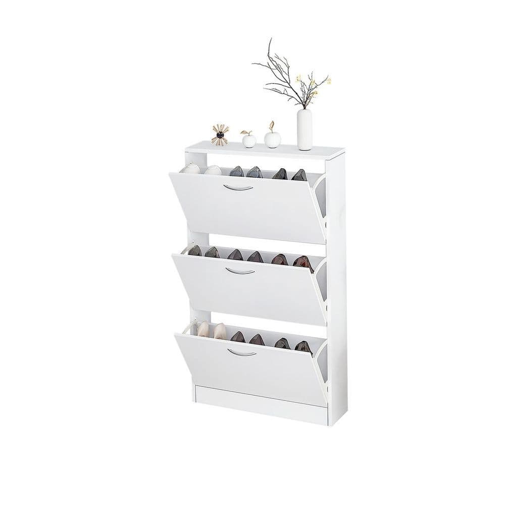 image-Shoe Cabinet for Entryway, White Narrow Shoe Storage Cabinet Flip Down Shoe Rack Wood 3 Tier Shoe Organizer for Home and Apartment