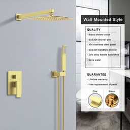 image-Shower System Shower Faucet Combo Set Wall Mounted with 10" Rainfall Shower Head and handheld shower faucet, Brushed Gold Finish with Brass Valve Rough-In