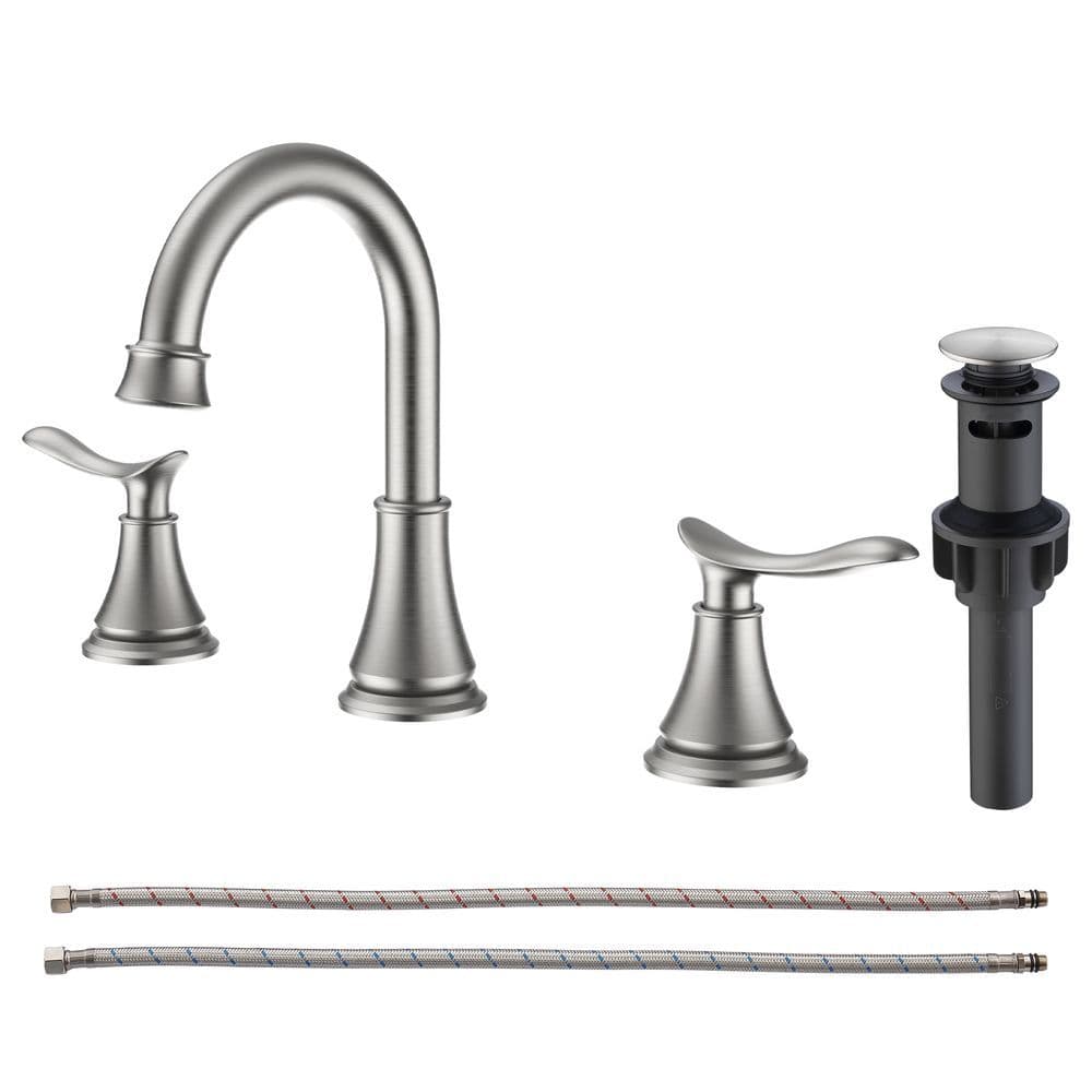 image-2-Handle 8 inch Widespread Bathroom Sink Faucet Brushed Nickel Lavatory Faucet 3 Hole 360° Swivel Spout Vanity Sink Basin Faucets with Pop Up Drain Assembly and cUPC Water Supply Hoses