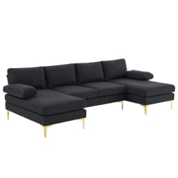 image-280*130*85 U-Shaped 4-Seat Linen Seat Frame Wooden Frame Back Iron Frame Golden Feet Indoor Modular Sofa Black