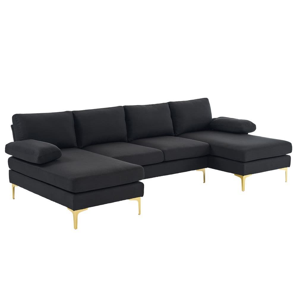image-280*130*85 U-Shaped 4-Seat Linen Seat Frame Wooden Frame Back Iron Frame Golden Feet Indoor Modular Sofa Black