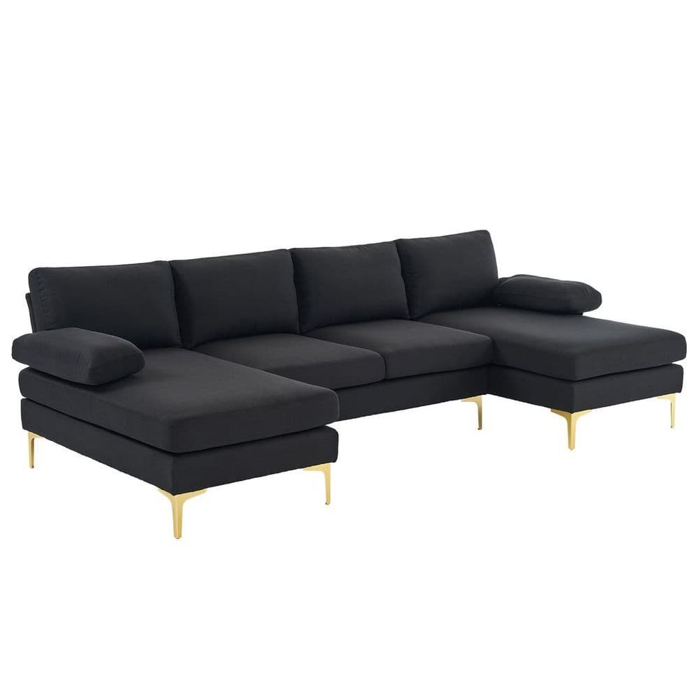 image-280*130*85 U-Shaped 4-Seat Linen Seat Frame Wooden Frame Back Iron Frame Golden Feet Indoor Modular Sofa Black