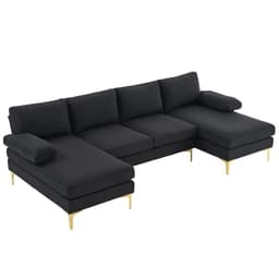 image-280*130*85 U-Shaped 4-Seat Linen Seat Frame Wooden Frame Back Iron Frame Golden Feet Indoor Modular Sofa Black