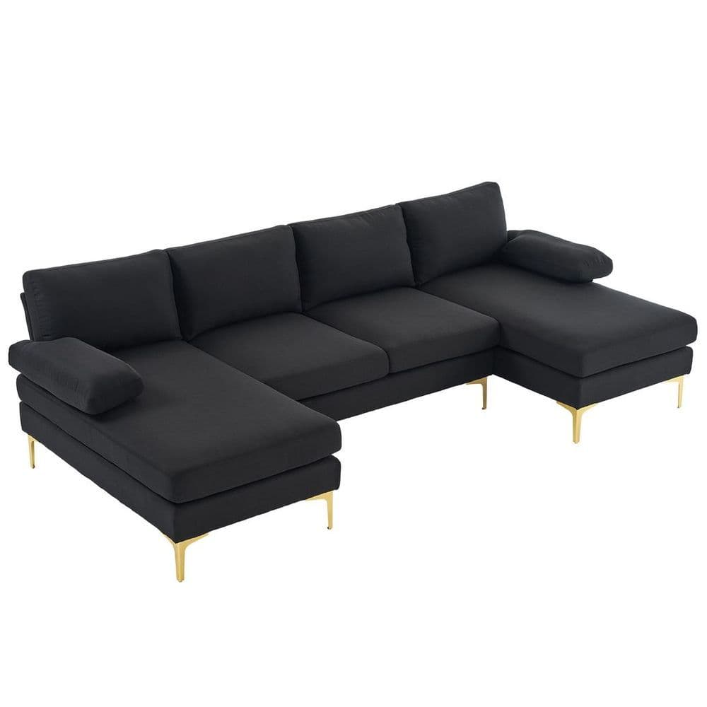 image-280*130*85 U-Shaped 4-Seat Linen Seat Frame Wooden Frame Back Iron Frame Golden Feet Indoor Modular Sofa Black