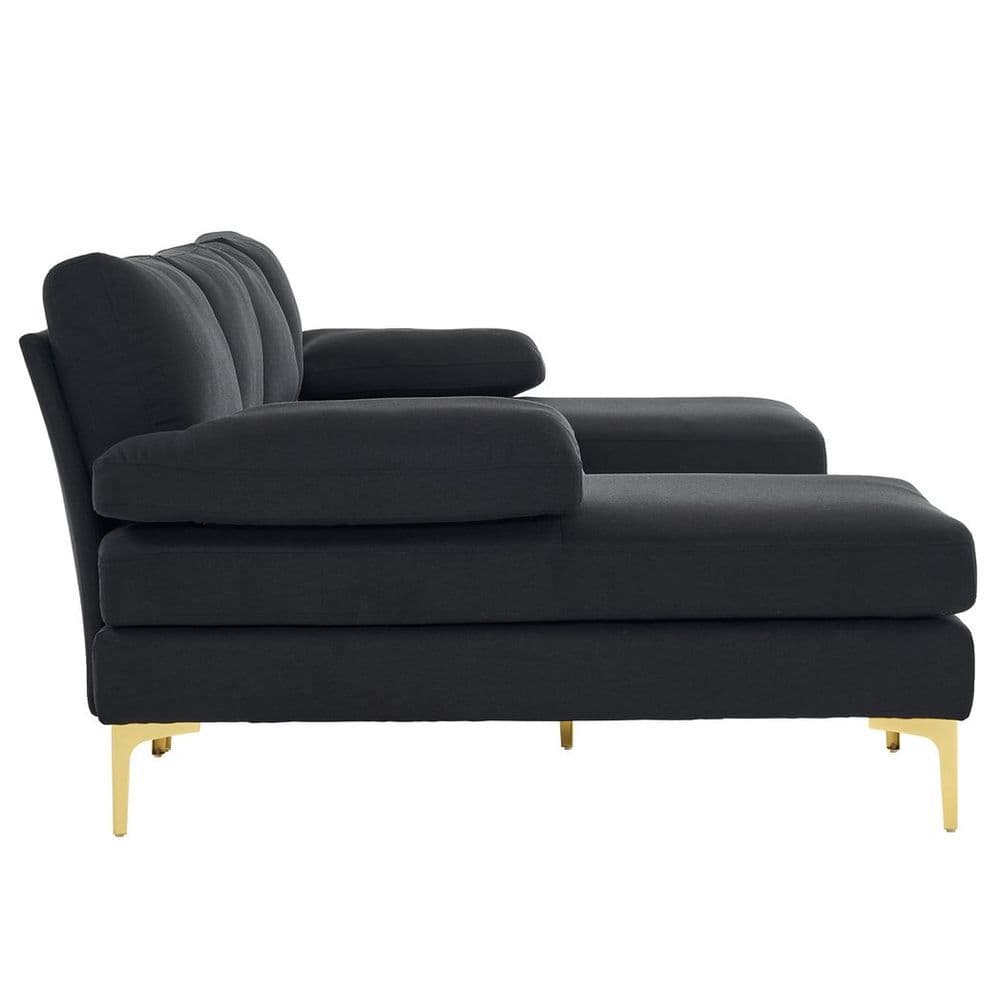 image-280*130*85 U-Shaped 4-Seat Linen Seat Frame Wooden Frame Back Iron Frame Golden Feet Indoor Modular Sofa Black