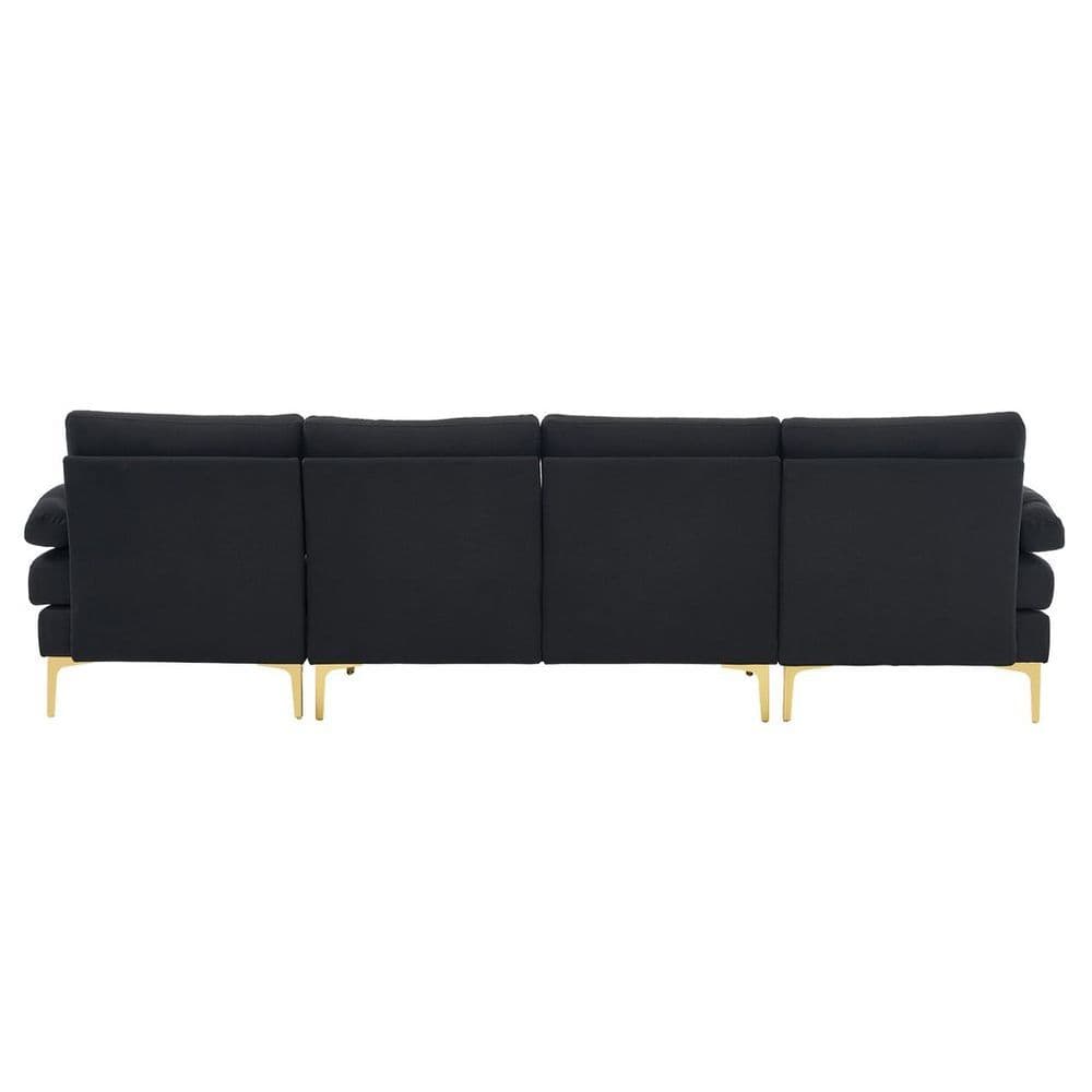 image-280*130*85 U-Shaped 4-Seat Linen Seat Frame Wooden Frame Back Iron Frame Golden Feet Indoor Modular Sofa Black
