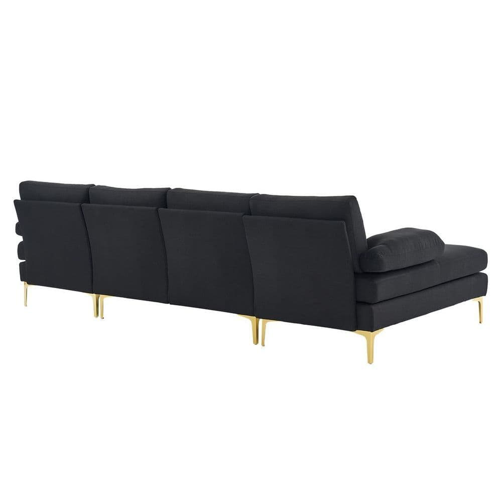 image-280*130*85 U-Shaped 4-Seat Linen Seat Frame Wooden Frame Back Iron Frame Golden Feet Indoor Modular Sofa Black