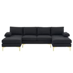 image-280*130*85 U-Shaped 4-Seat Linen Seat Frame Wooden Frame Back Iron Frame Golden Feet Indoor Modular Sofa Black
