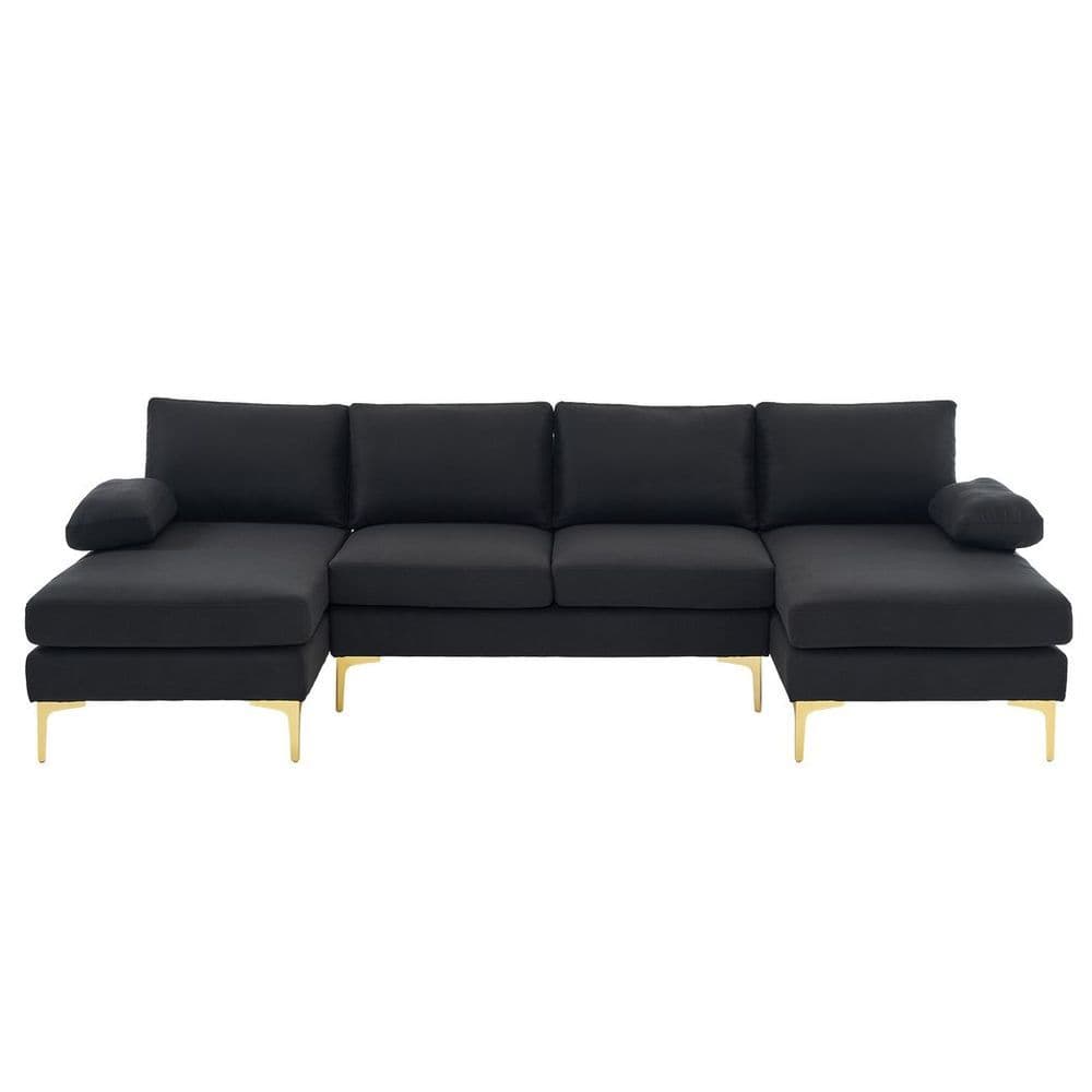 image-280*130*85 U-Shaped 4-Seat Linen Seat Frame Wooden Frame Back Iron Frame Golden Feet Indoor Modular Sofa Black
