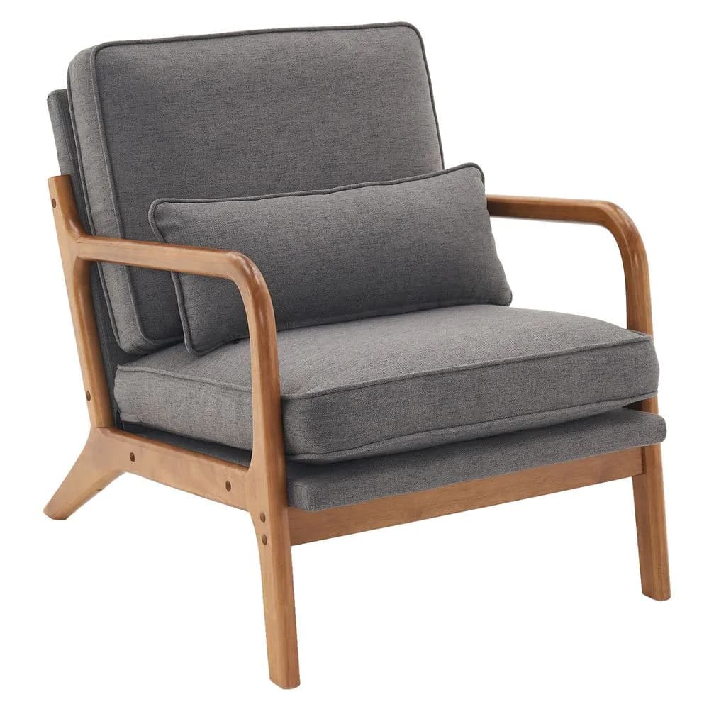 image-Oak Armrest Oak Upholstered Single Lounge Chair Indoor Lounge Chair Dark Grey