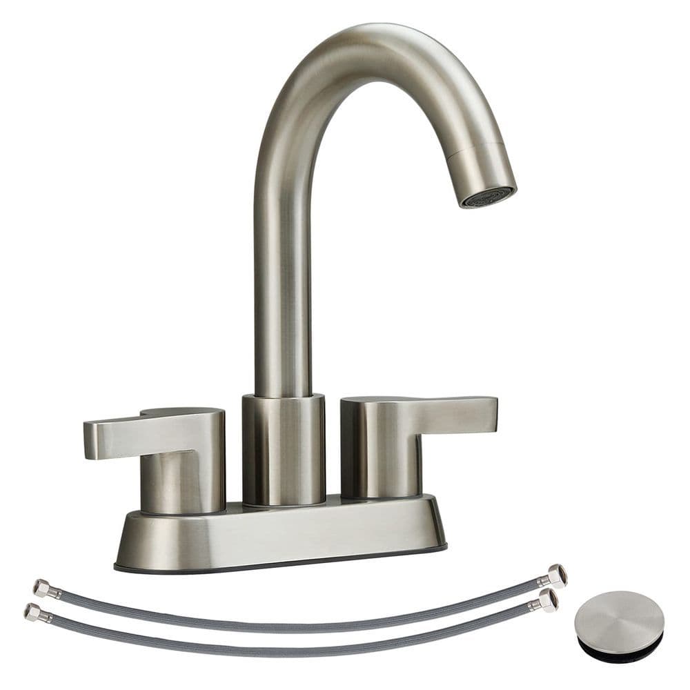 image-Bathroom Faucet 2 Handle Centerset Bathroom Sink Faucet with Pop Up Drain Assembly, 4 Inches Bathroom Vanity Lavatory Faucet 3 Holes Brushed Nickel