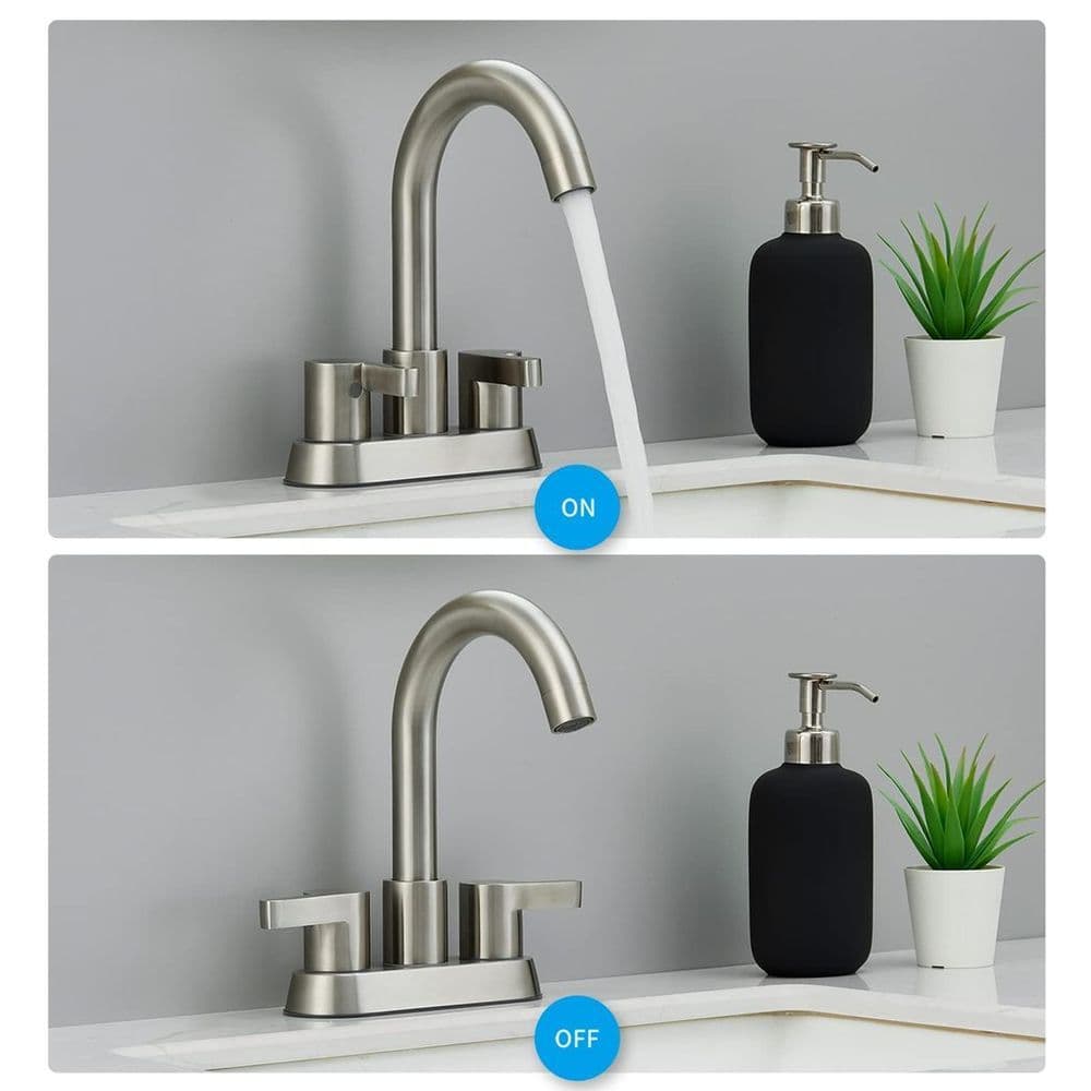 image-Bathroom Faucet 2 Handle Centerset Bathroom Sink Faucet with Pop Up Drain Assembly, 4 Inches Bathroom Vanity Lavatory Faucet 3 Holes Brushed Nickel
